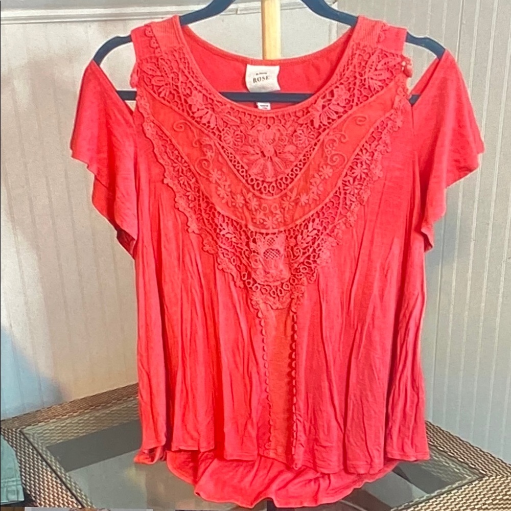 Knox Rose Vibrant Red Lace Cold Shoulder Blouse